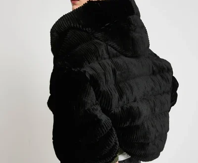 Yves Salomon – Short hooded down jacket in technical fabric reversible ribbed rex rabbit fur