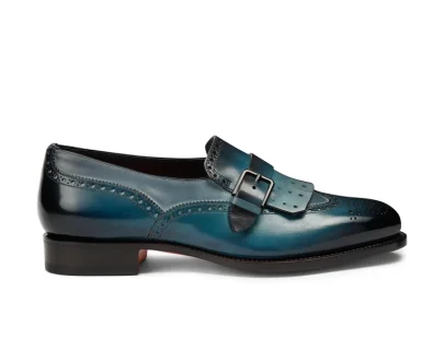 Santoni – Men’s blue leather single-buckle loafer with fringe