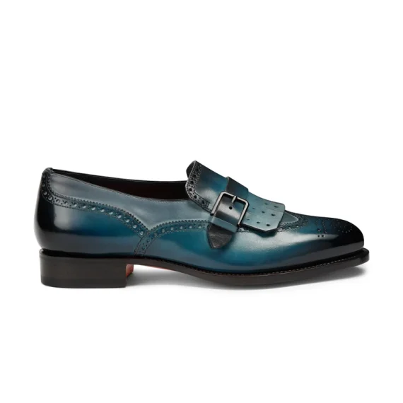 Santoni - Men's blue leather single-buckle loafer with fringe