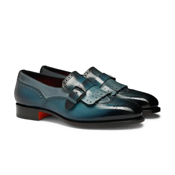 Santoni - Men's blue leather single-buckle loafer with fringe - Image 3