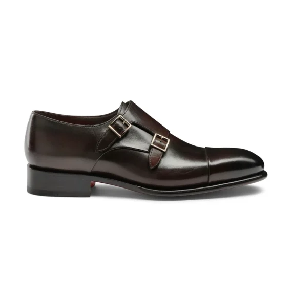 Santoni - Men's polished brown leather double-buckle shoe