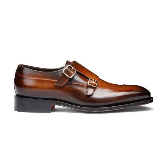 Santoni - Men's dark brown leather double-buckle shoe