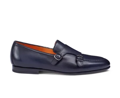 Santoni – Men’s polished blue leather double-buckle loafer