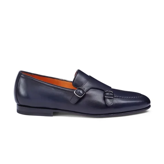 Santoni - Men's polished blue leather double-buckle loafer