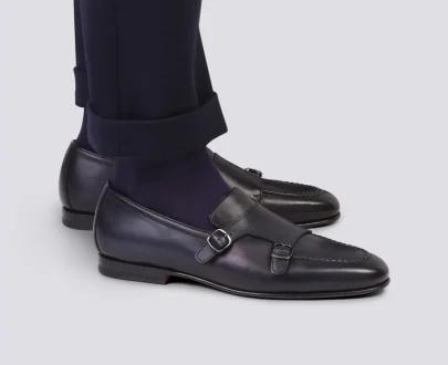 Santoni – Men’s polished blue leather double-buckle loafer