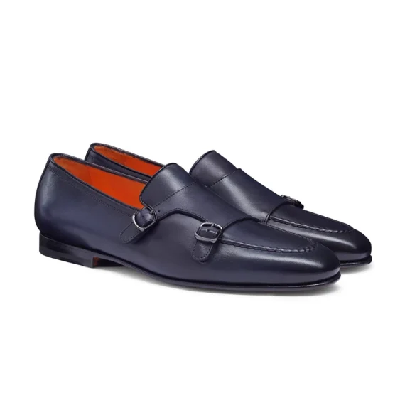 Santoni - Men's polished blue leather double-buckle loafer - Image 3